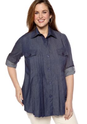New Directions Plus Size Denim Pleated Front Shirt