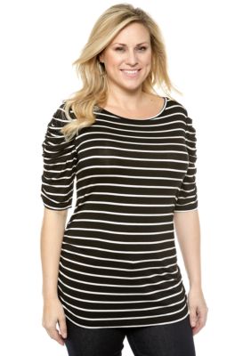 New Directions Plus Size Ruched Sleeve Striped Top