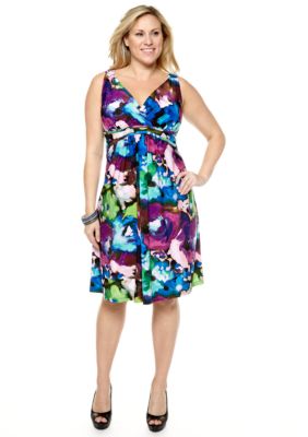 New Directions Plus Size Printed Empire Waist Dress