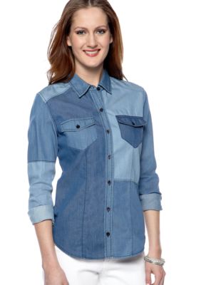 Willow and Clay Pieced Color Block Chambray Blouse
