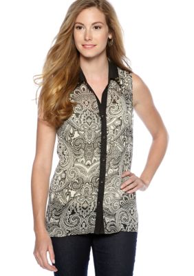 New Directions Printed Button Front Top