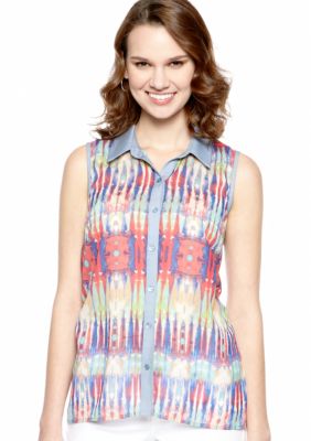 New Directions Sleeveless Printed Chiffon Blouse