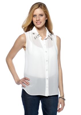 New Directions Button Front Blouse with Pearl Embellished Collar