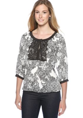 New Directions Three Quarter Sleeve Lace Front Top