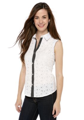 New Directions Petite Eyelet Polka Dot Button Down Top