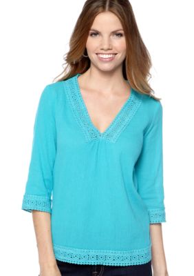 New Directions&reg; Petite V-Neck Top with Crochet Detail