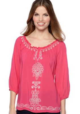 New Directions Petite Three Quarter Sleeve Embroidered Top
