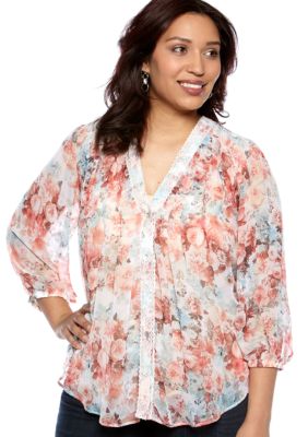 New Directions Plus Size Floral Pleat Front Blouse