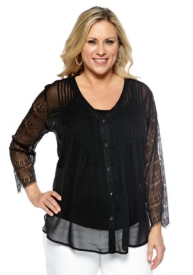 New Directions Plus Size Button Front Top with Lace Detail