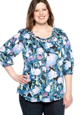 Kim Rogers Plus Size Basket Woven Neck Knit Top