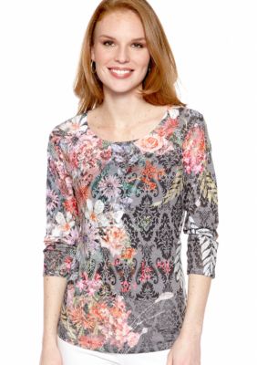 New Directions Dark Floral Burnout Top