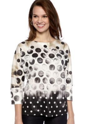 New Directions Elbow Sleeve Dot Print Scoop Neck