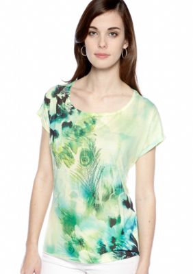 New Directions Peacock Printed Embellished Top