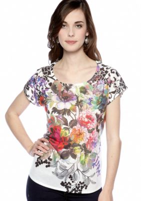 New Directions Friendly Floral Printed Embellished Top
