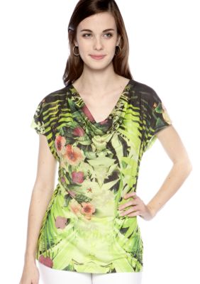 New Directions Tropical Print Embellished Tee