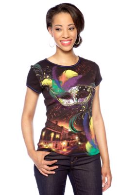 New Directions Petite Short Sleeve Tee with Mask Print