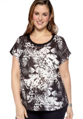 New Directions Plus Size Boxy Studded Tiger Tee