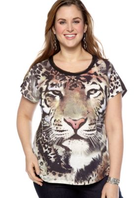 New Directions Plus Size Studded Cheetah Tee