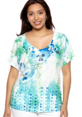 New Directions Plus Size Embellished Floral Tee