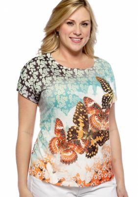 New Directions Plus Size Butterfly Print Cross Back Tee