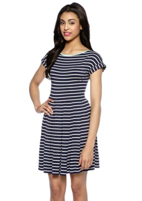 Sophie Max Short Sleeve Stripe Jersey Pleated Dress