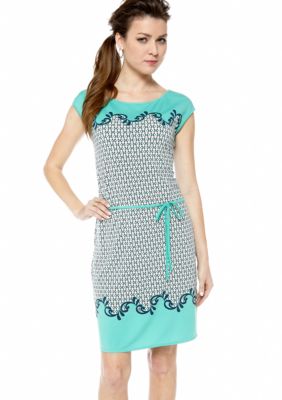 Sophie Max Cap Sleeve Printed Dress with Tie On Waistband
