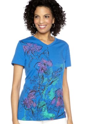 Kim Rogers V-Neck Multi Floral Art Tee