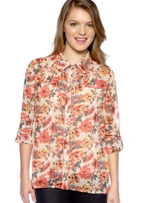 Living Doll Roll Sleeve Western Style Floral Shirt