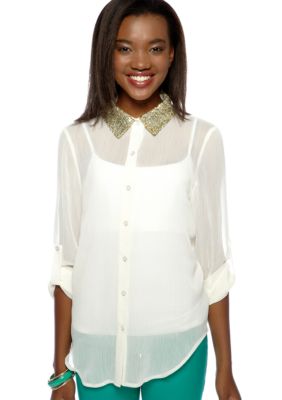 Living Doll Sequin Collar Button Front Shirt