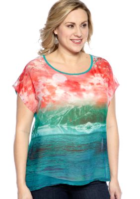 New Directions Weekend Plus Size Cold Shoulder Printed Top