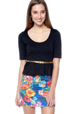 Red Camel Elbow Sleeve Printed Skirt Peplum Dress