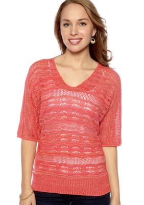 New Directions Petite Short Dolman Sleeve Pointelle Sweater