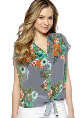 New Directions Woven Tie Front Floral