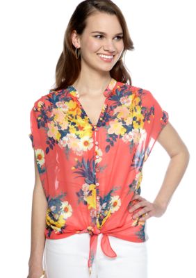 New Directions Woven Tie Front Floral
