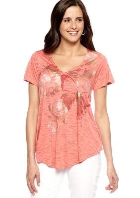 New Directions Weekend Butterfly Sleeve Floral Tee