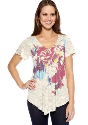 New Directions Weekend Butterfly Sleeve Floral Printed Tee