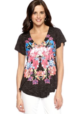 New Directions Weekend Butterfly Sleeve Floral Tee