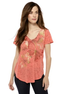 New Directions Weekend Petite Butterfly Print Tee with Lace Back