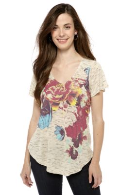New Directions Weekend Petite Floral Print Tee with Lace Back