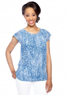 New Directions Petite Flutter Sleeve Bird Print Top with Gemstone Neckline