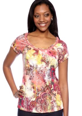 Kim Rogers Petite Printed Crinkle Tee with Crochet Neckline Embellishment