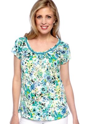 Kim Rogers Petite Printed Crinkle Tee with Crochet Neckline Embellishment
