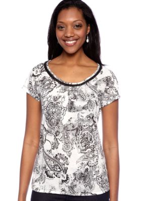 Kim Rogers Petite Printed Crinkle Tee with Crochet Neckline Embellishment