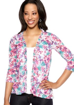 Kim Rogers Petite Printed Burnout Ruffle Cardigan