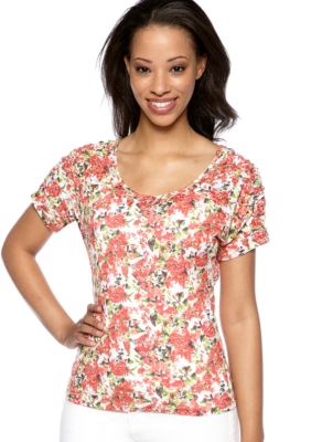 Kim Rogers Petite Printed Burnout Tee with Stud Embellishments