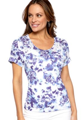 Kim Rogers Petite Printed Burnout Tee with Stud Embellishments