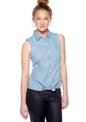 Pink Rose Lace Back Trim Sleeveless Chambray Top with Front Tie