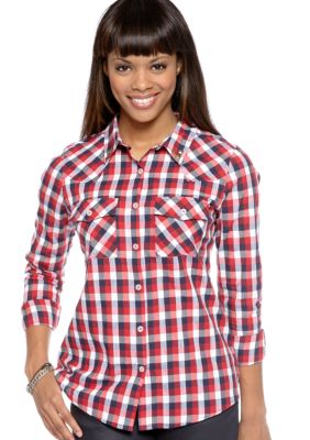 Pink Rose Stud Detail Plaid Button Down Tunic