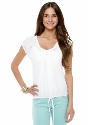 Red Camel Lace Trim Peasant Top