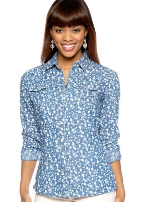 Red Camel Roll Sleeve Ditsy Print Chambray Shirt